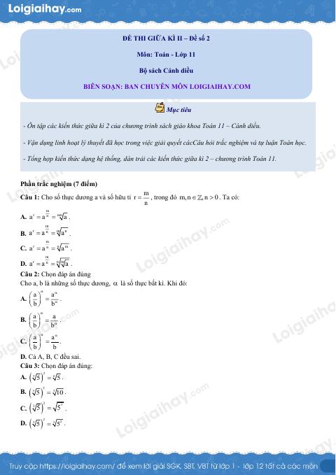 Đề thi giữa kì 2 Toán 11 Cánh diều - Đề số 2